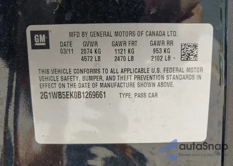 2011 Chevrolet Impala Lt из США, поврежденный, VIN 2G1WB5EK0B1269661